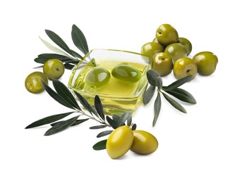 Image of Bowl of oil, ripe olives and leaves on white background 