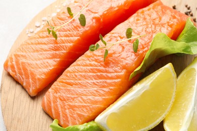 Photo of Fresh raw salmon and ingredients for marinade on wooden board, closeup