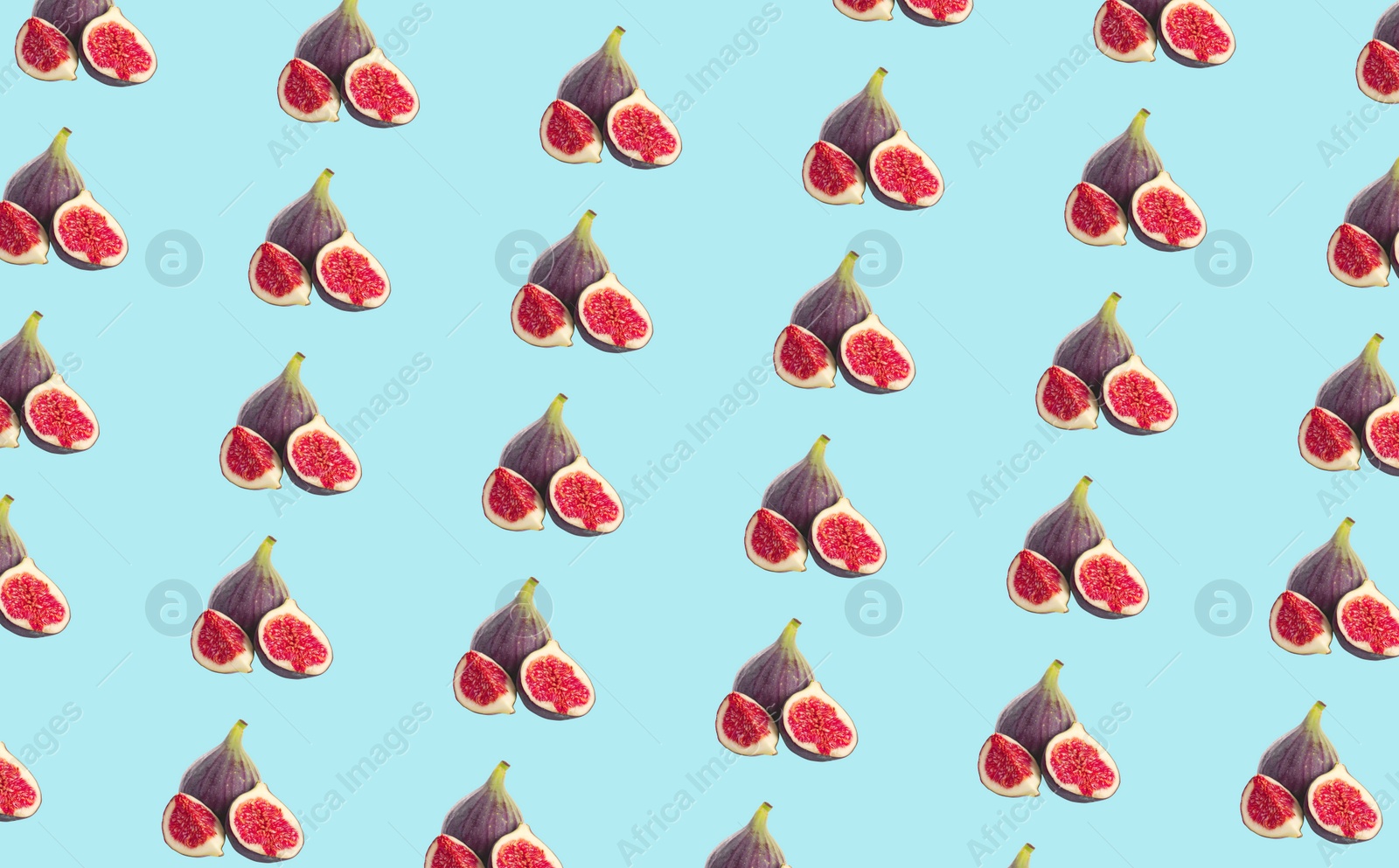 Image of Pattern of cut and whole figs on pale light blue background