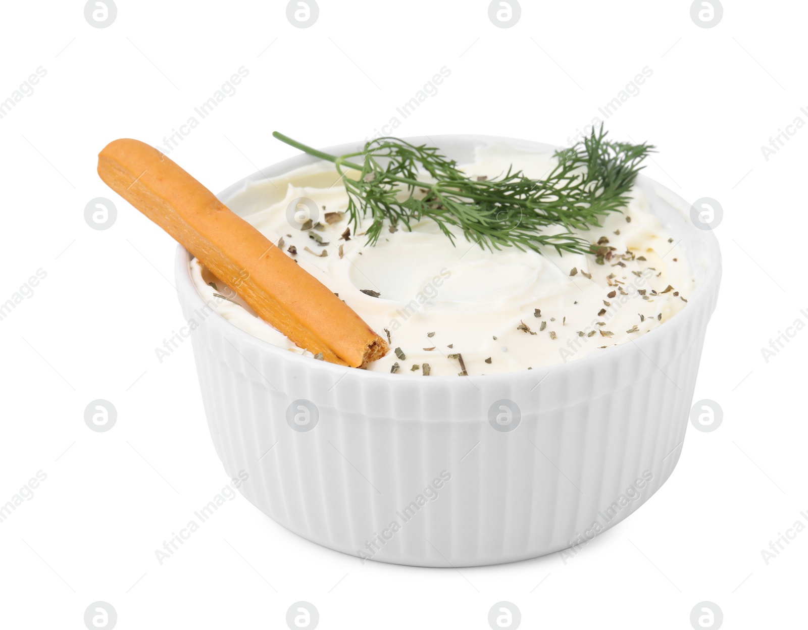 Photo of Delicious cream cheese with grissini stick and dill on white background