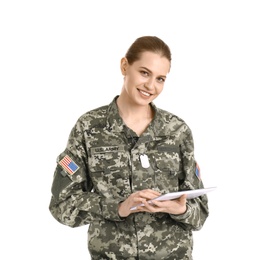 Photo of Female soldier using tablet computer on white background. Military service
