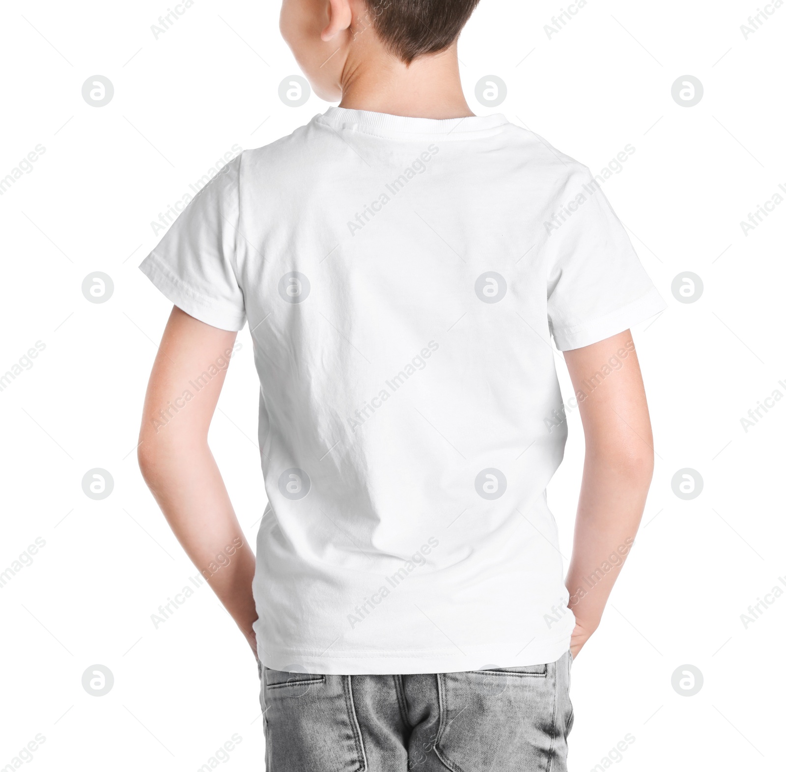 Photo of Little boy in t-shirt on white background. Mock-up for design