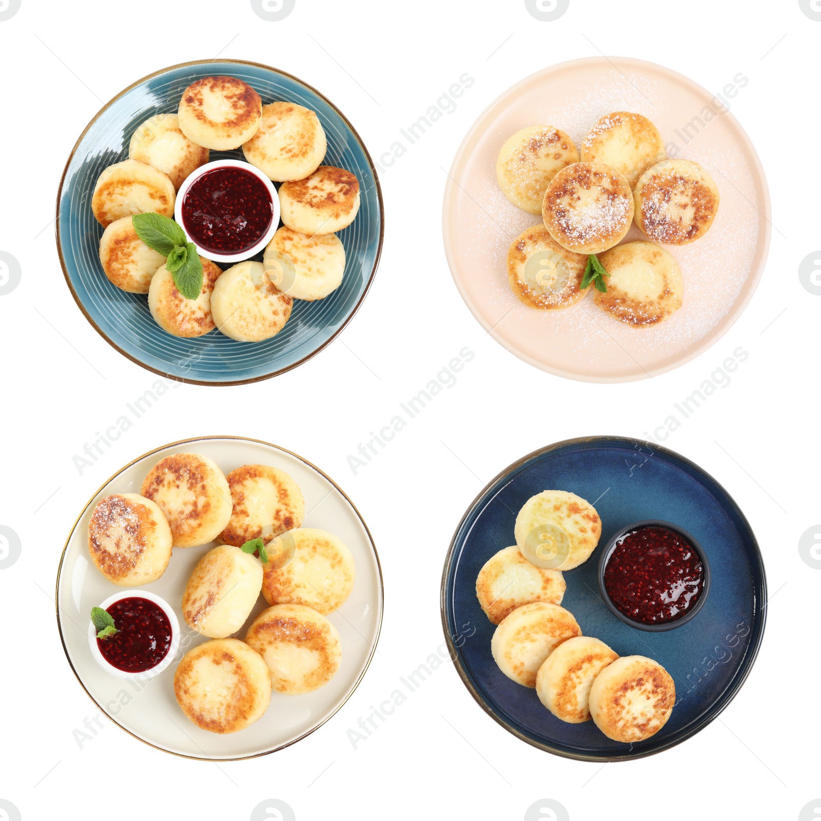 Image of Set with delicious cottage cheese pancakes on white background, top view