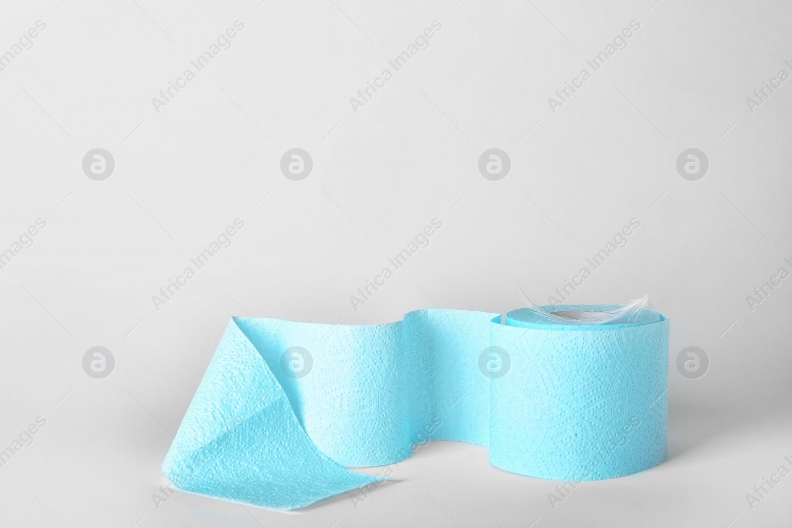 Photo of Roll of toilet paper with feather on white background. Space for text