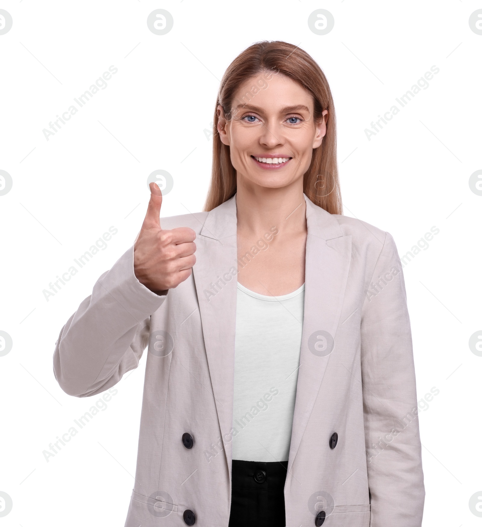 Photo of Beautiful happy businesswoman showing thumb up on white background