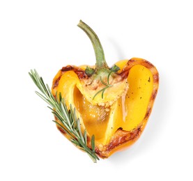 Half of grilled bell pepper and rosemary isolated on white, top view