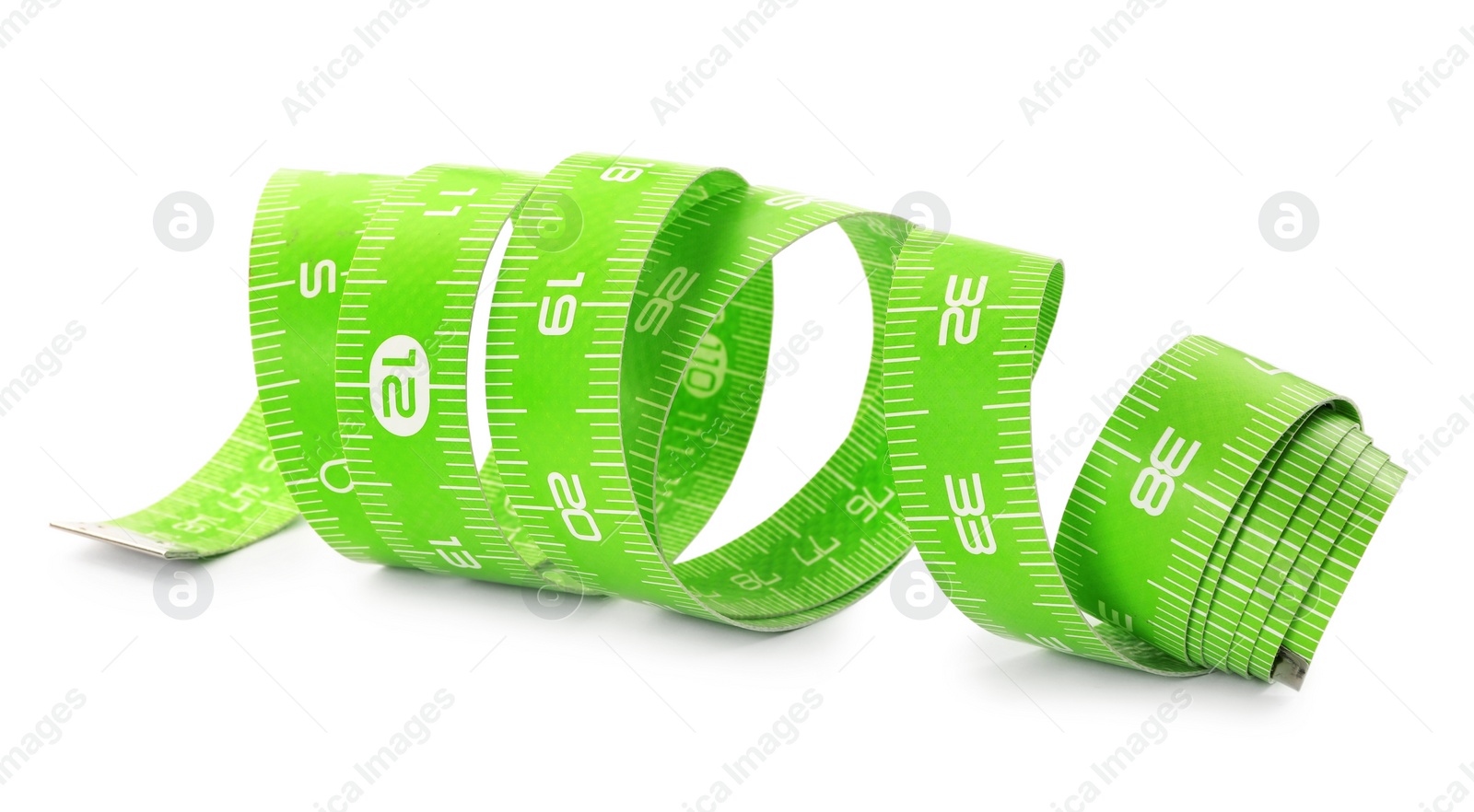 Photo of Long green measuring tape isolated on white