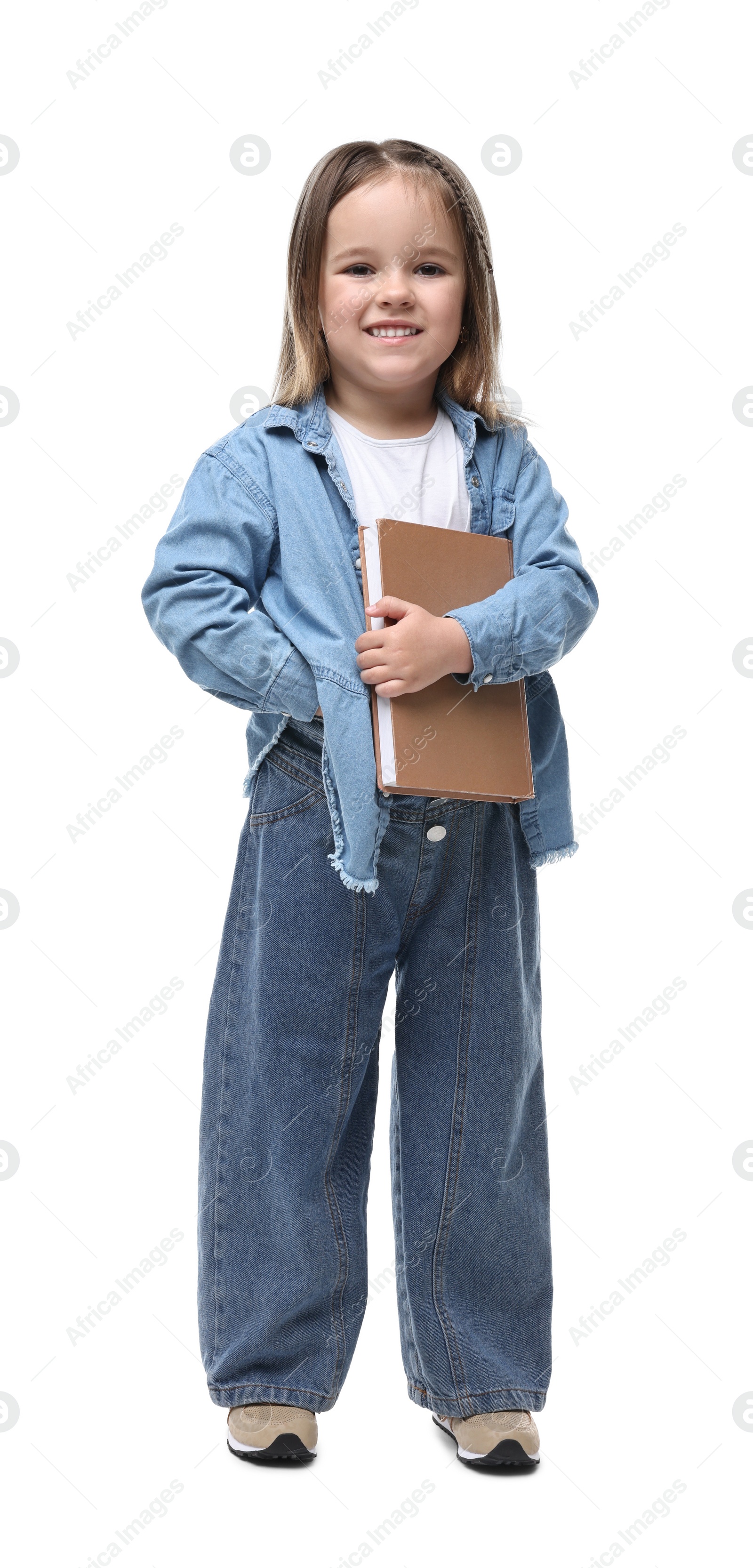 Photo of Cute little girl with book on white background