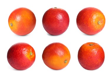 Set with ripe red oranges on white background 