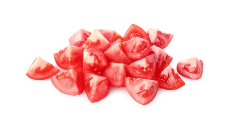 Photo of Pieces of red ripe tomato isolated on white