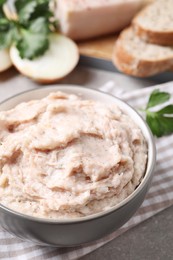 Photo of Delicious lard spread in bowl on table