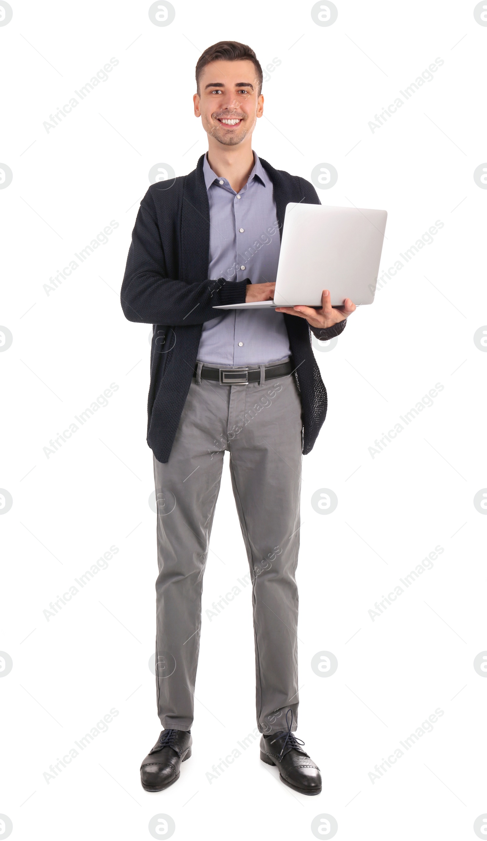 Photo of Young male teacher with laptop on white background