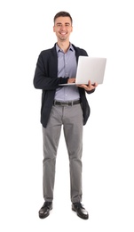 Young male teacher with laptop on white background