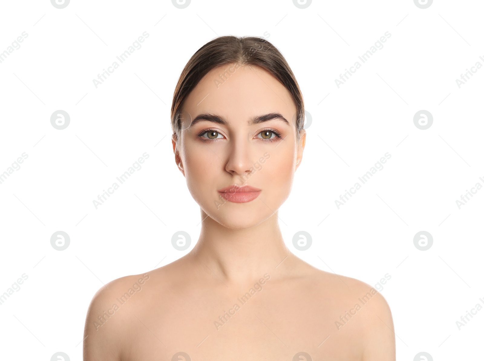 Photo of Portrait of young woman with beautiful face on white background