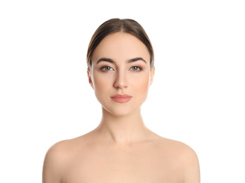 Portrait of young woman with beautiful face on white background