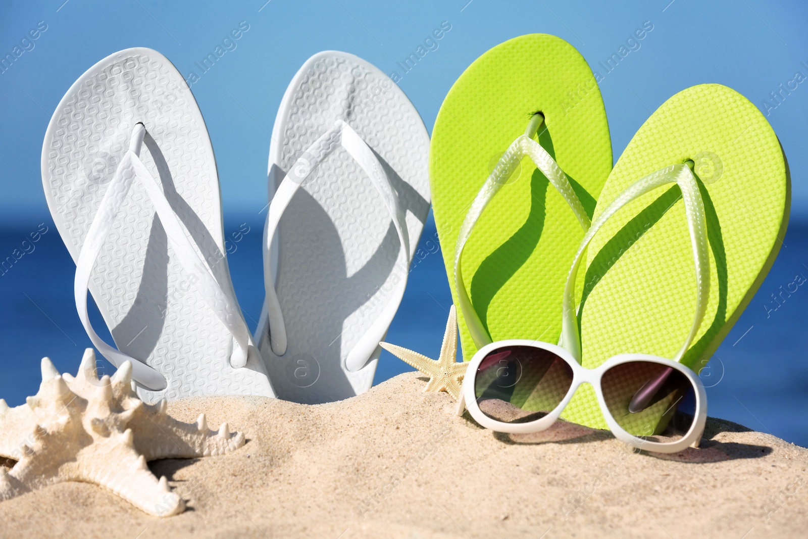 Photo of Composition with beach accessories on sand near sea in summer