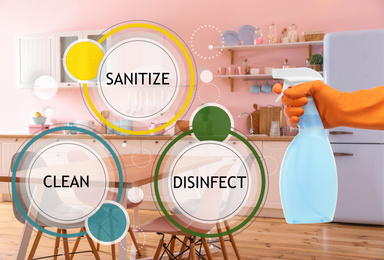 Image of Keep your home virus-free. Woman cleaning kitchen with disinfecting solution