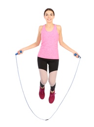Photo of Full length portrait of young sportive woman training with jump rope on white background