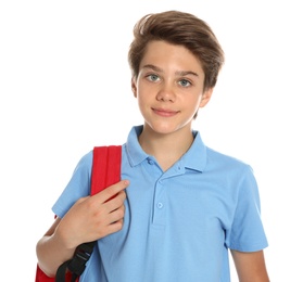 Happy boy in school uniform on white background