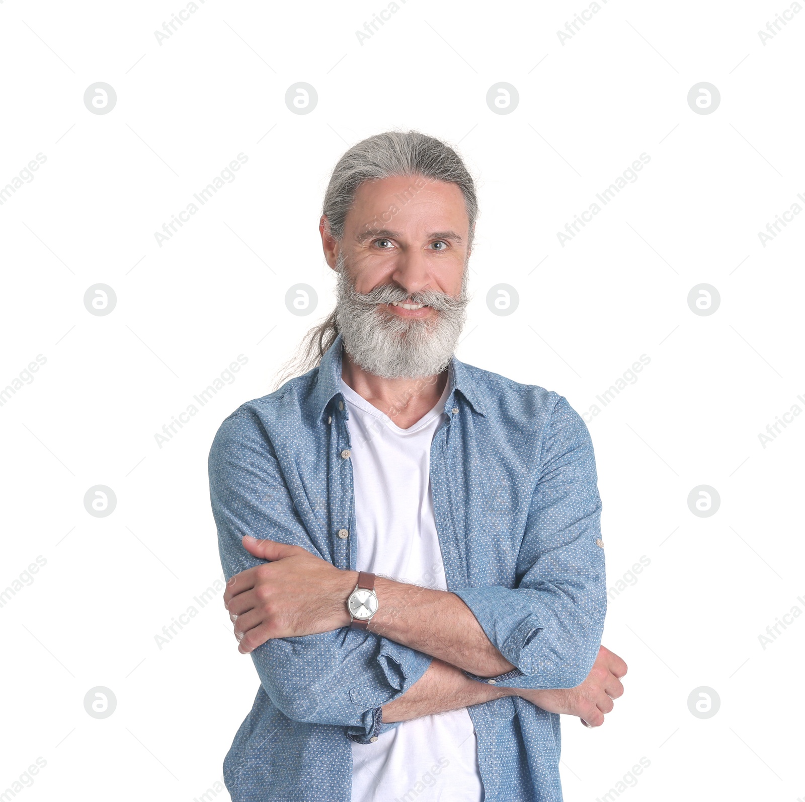 Photo of Handsome bearded mature man on white background