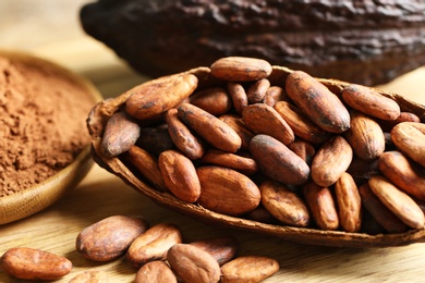 Photo of Cocoa pod of beans and powder on table, closeup