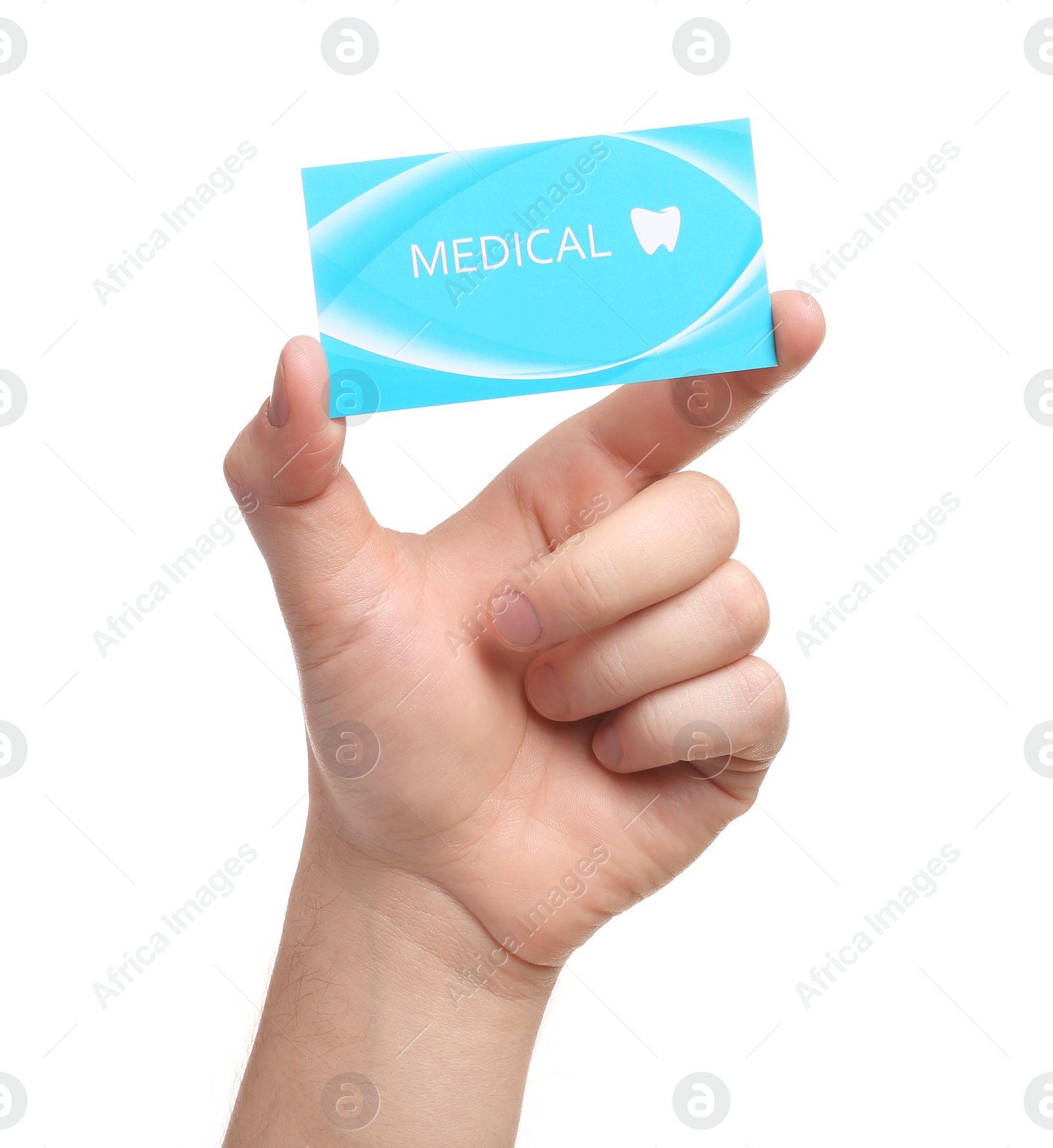 Photo of Man holding business card isolated on white, closeup. Dental medical service