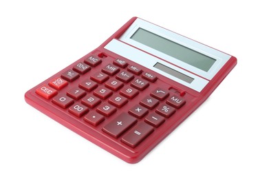 Photo of Red calculator on white background. Office equipment