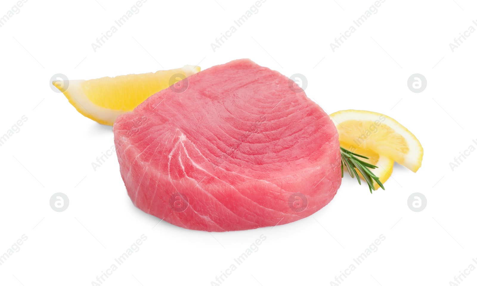 Photo of Fresh raw tuna fillet with lemon slices and rosemary on white background