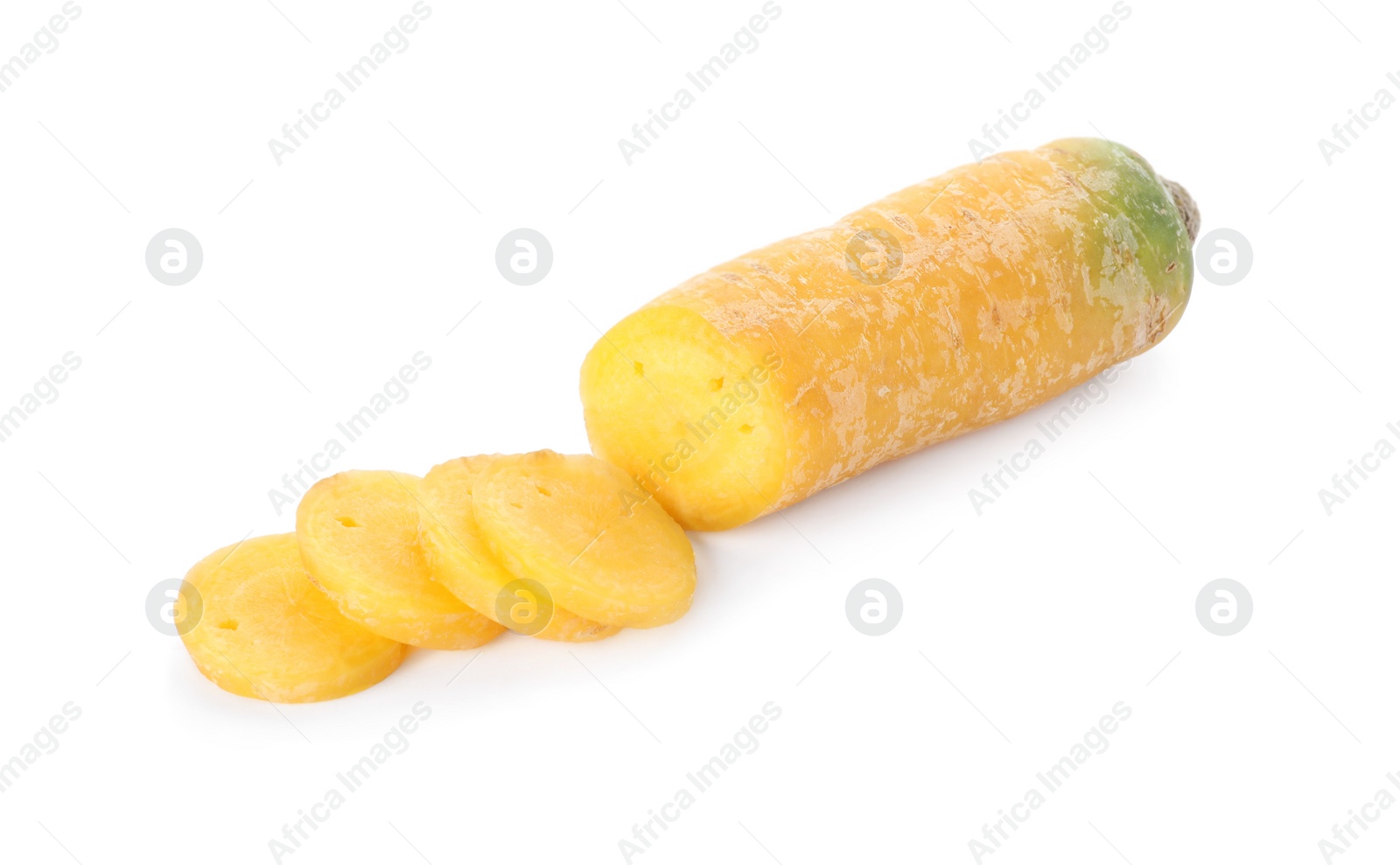 Photo of Pieces of raw yellow carrot isolated on white