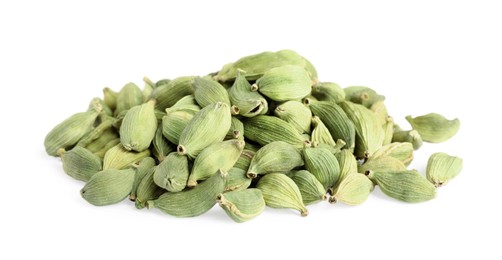 Photo of Pile of dry cardamom seeds on white background