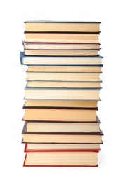 Stack of hardcover books on white background