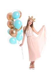 Photo of Young woman with crown and air balloons on white background