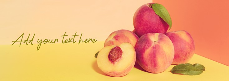 Image of Fresh ripe peaches with green leaves on color background. Add your text to this banner design