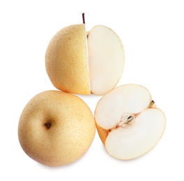 Photo of Cut and whole fresh apple pears on white background, top view