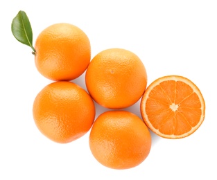 Fresh oranges on white background, top view