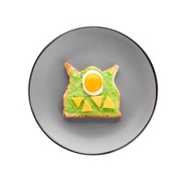 Photo of Halloween themed breakfast isolated on white, top view. Tasty sandwich with fried egg