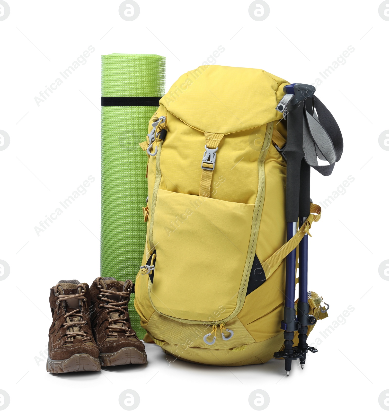 Photo of Set of camping equipment for tourist on white background