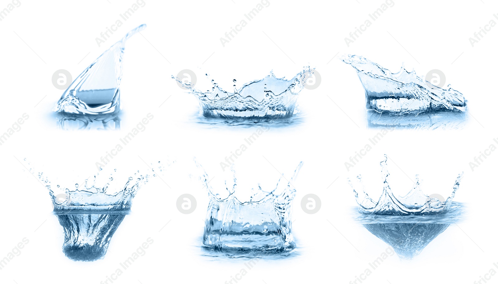 Image of Set with clear water splashes on white background