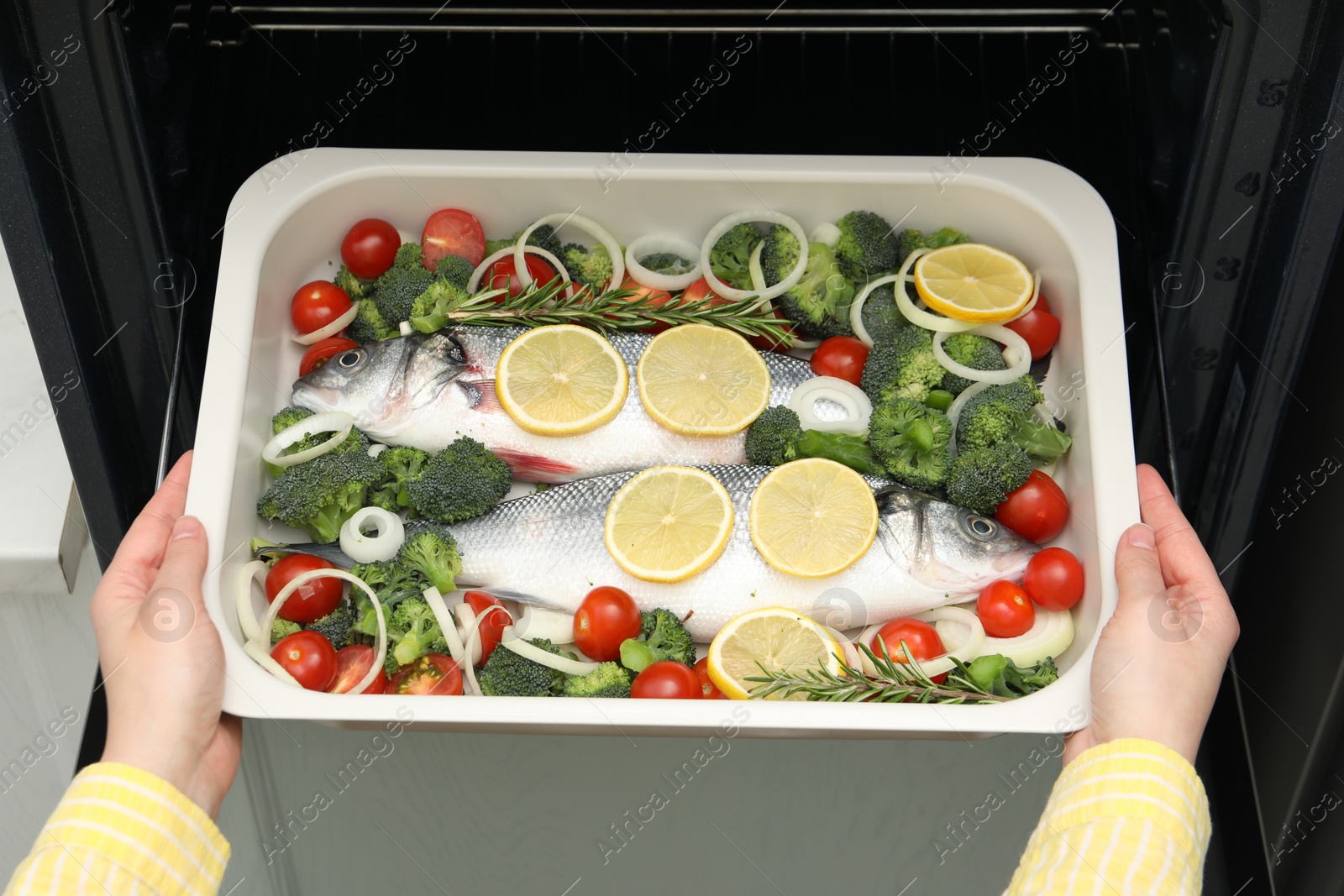 Photo of Woman putting baking dish with raw fish and vegetables into oven, top view