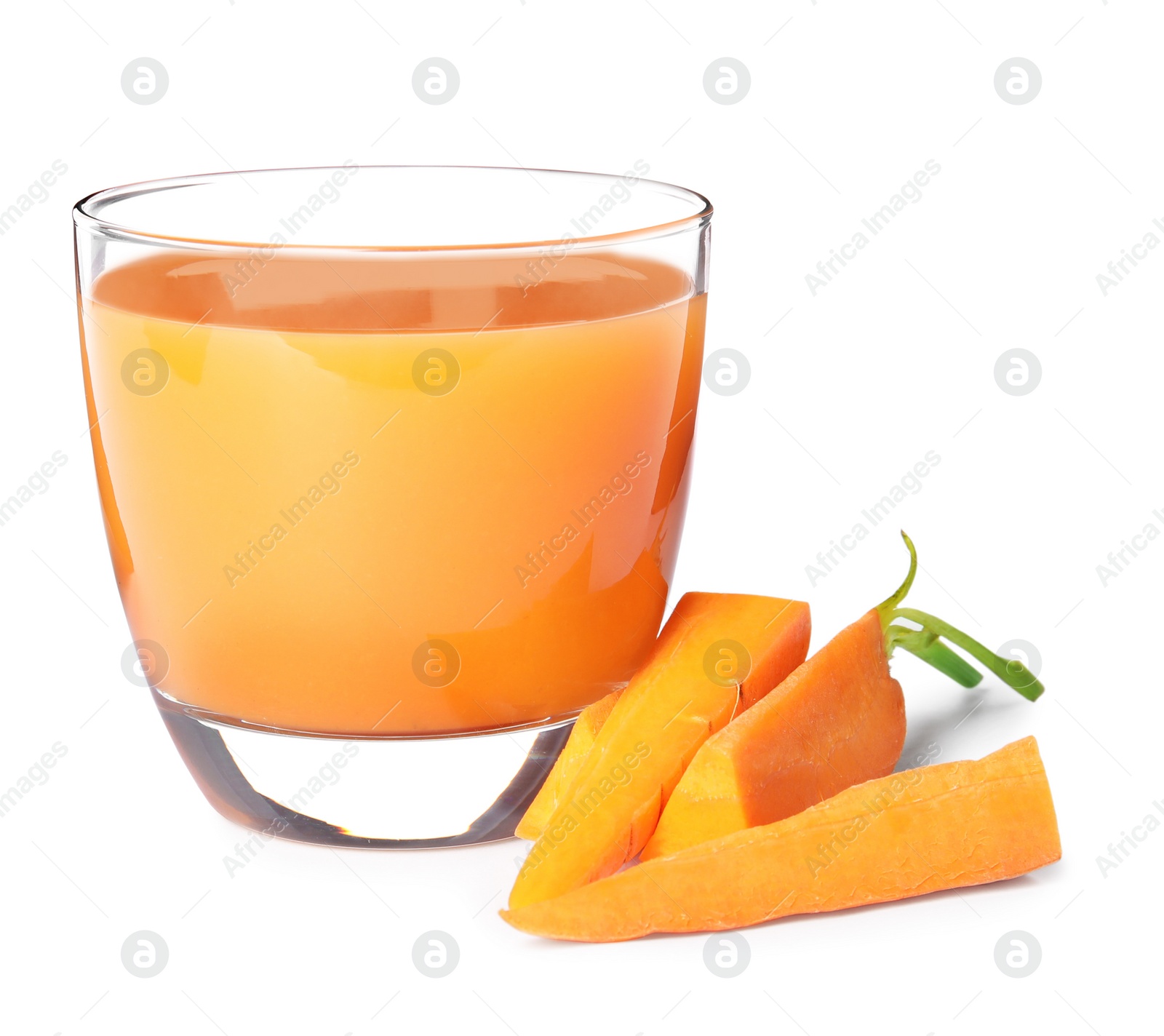 Photo of Glass of freshly made carrot juice on white background