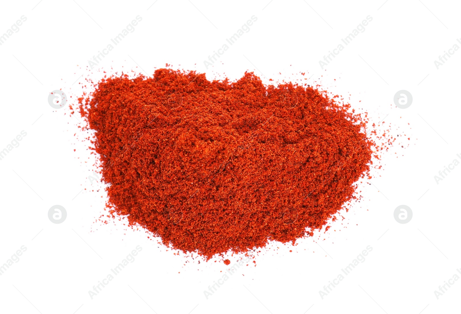 Photo of Heap of aromatic paprika powder isolated on white, top view