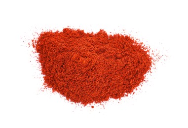 Heap of aromatic paprika powder isolated on white, top view