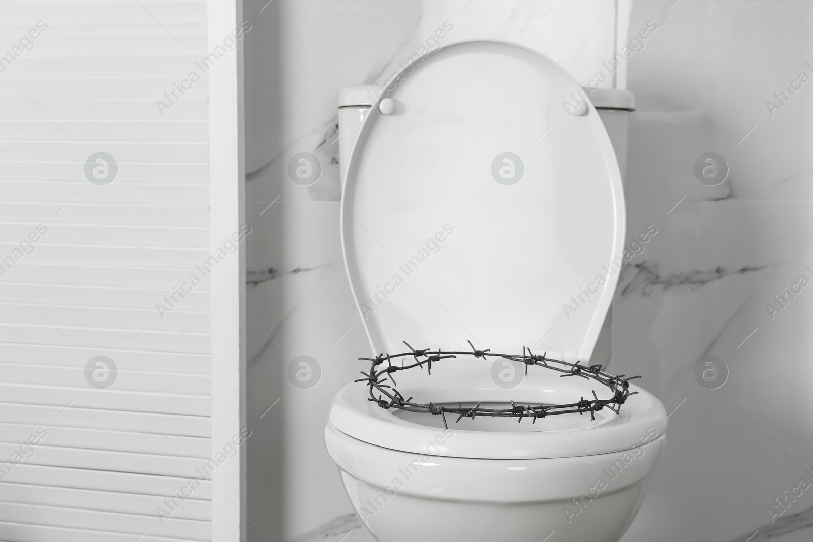 Photo of Toilet bowl with barbed wire in rest room. Hemorrhoids concept