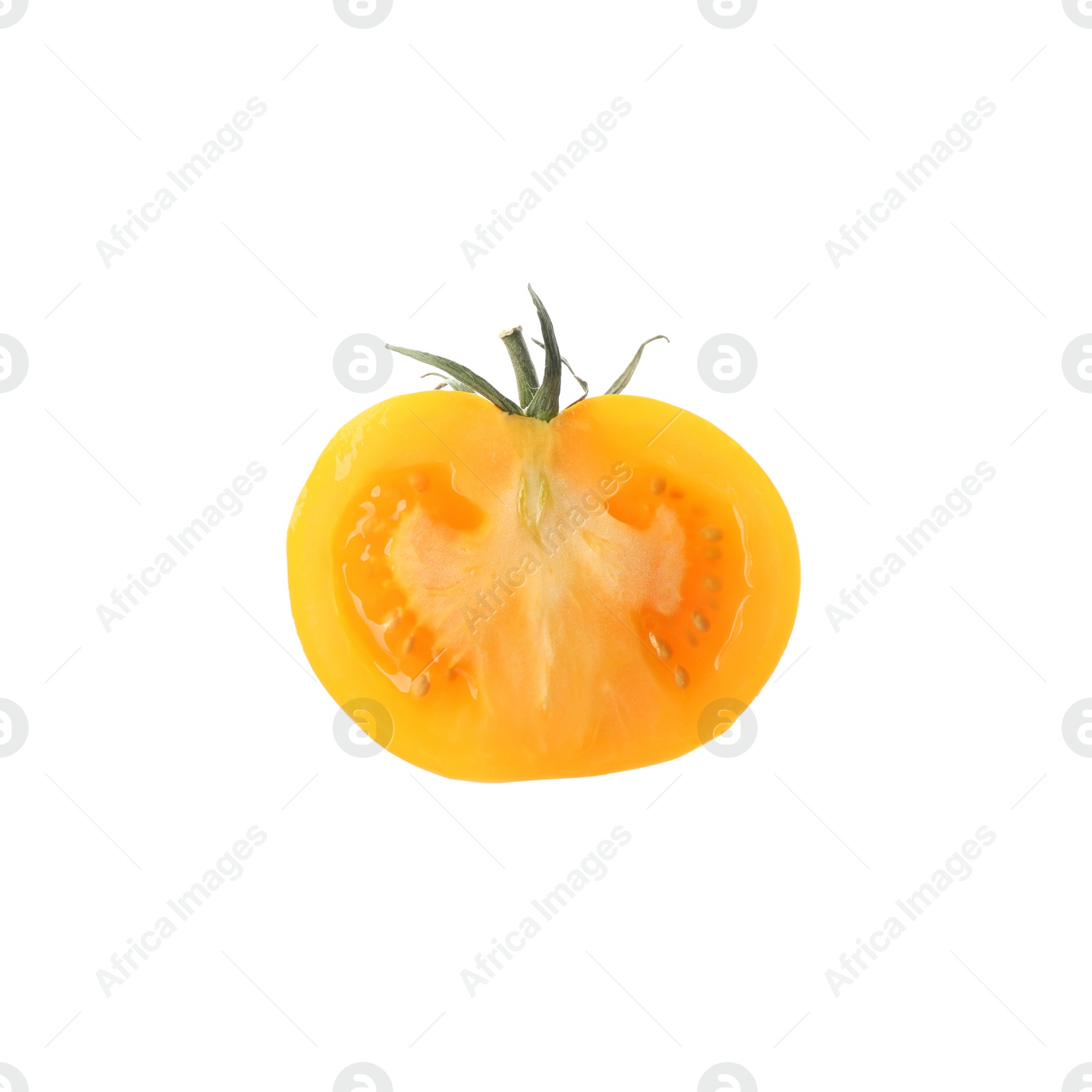 Photo of Piece of delicious ripe yellow tomato isolated on white