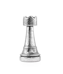 Photo of Silver rook isolated on white. Chess piece