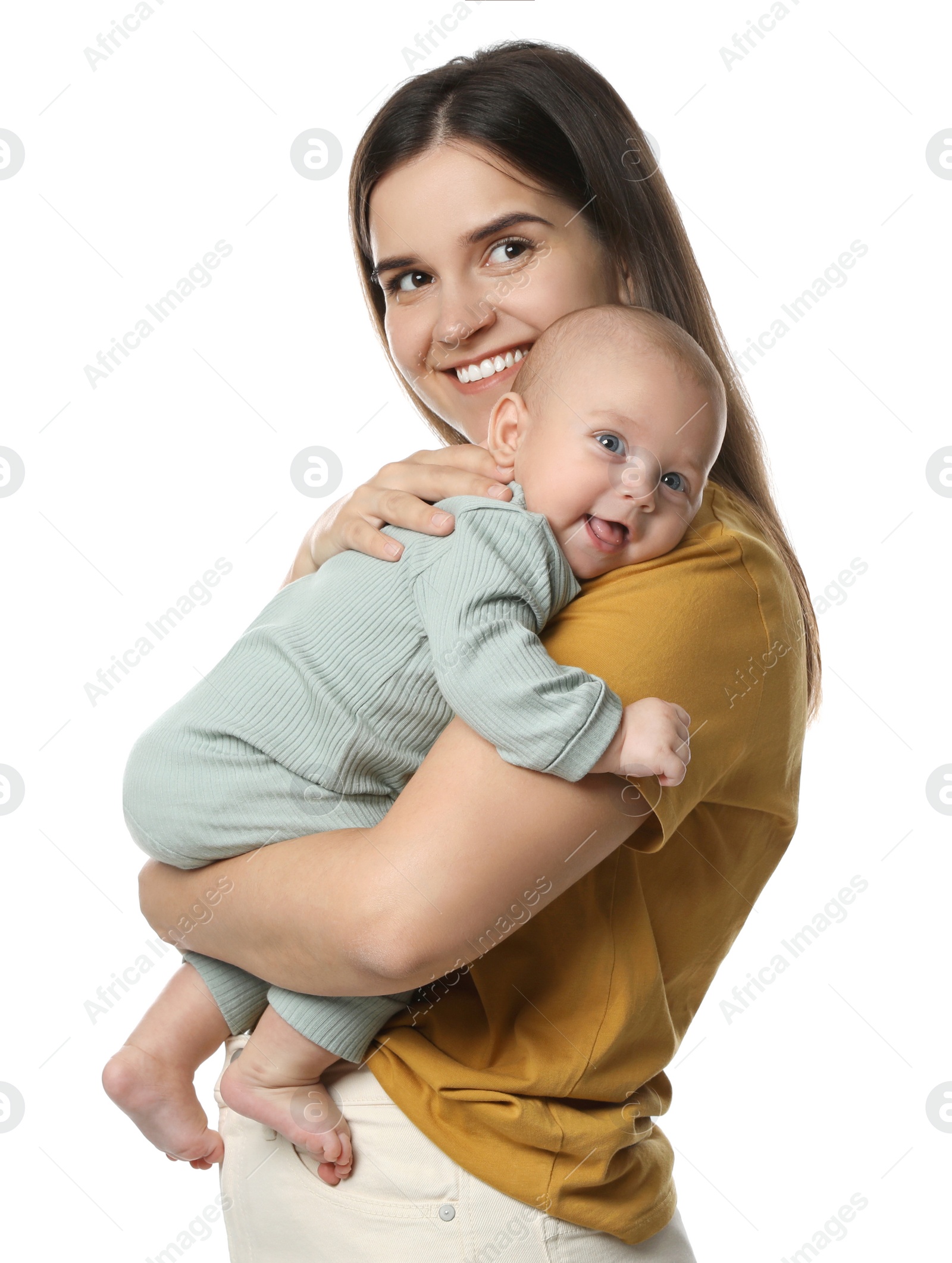 Photo of Beautiful mother with her cute baby on white background