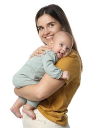 Beautiful mother with her cute baby on white background