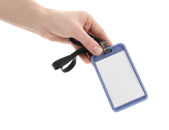 Photo of Woman holding blank badge with string on white background