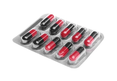 Photo of Pills in blister pack on white background