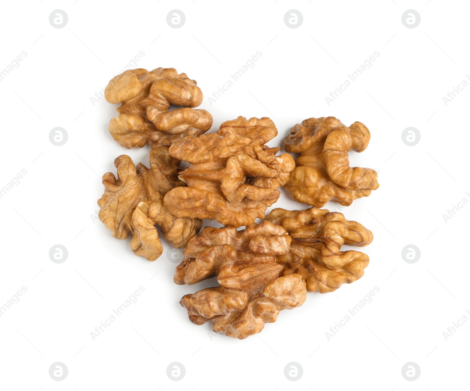 Photo of Pile of peeled walnuts on white background, top view